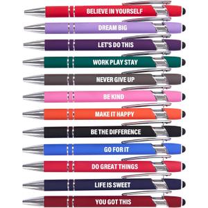 Funny Pens - 12 Pack Fine Point Smooth Writing Pens with Inspirational Tips, Black Ink, Touch Stylus Screens, Motivational Gift for Office & Desk Accessories