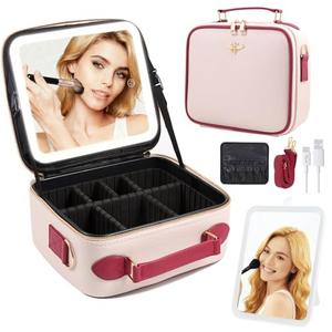 GIUWESOY Travel Makeup Bag with Light Up Mirror, Portable Makeup Bag with Led Light Women Waterproof Makeup Travel Case adjustable dividers Rechargeable Vanity Mirror with 3 Color Lights (Pink)