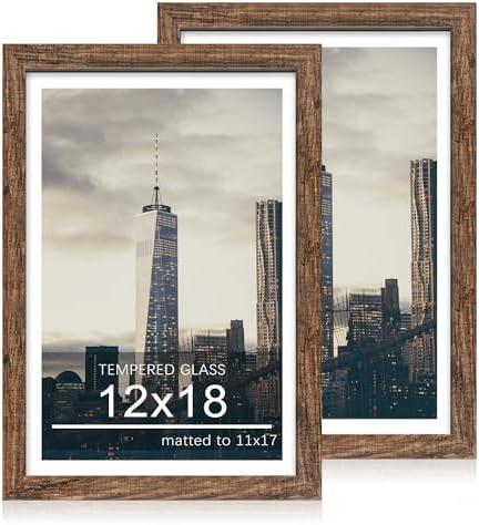ccdcc 12x18 Picture Frame Set of 2, 12 x 18 Wood Poster Frames with Mat for 11x17, Wooden Photo Frames with Tempered Glass Cover for Wall Display, Rustic Brown