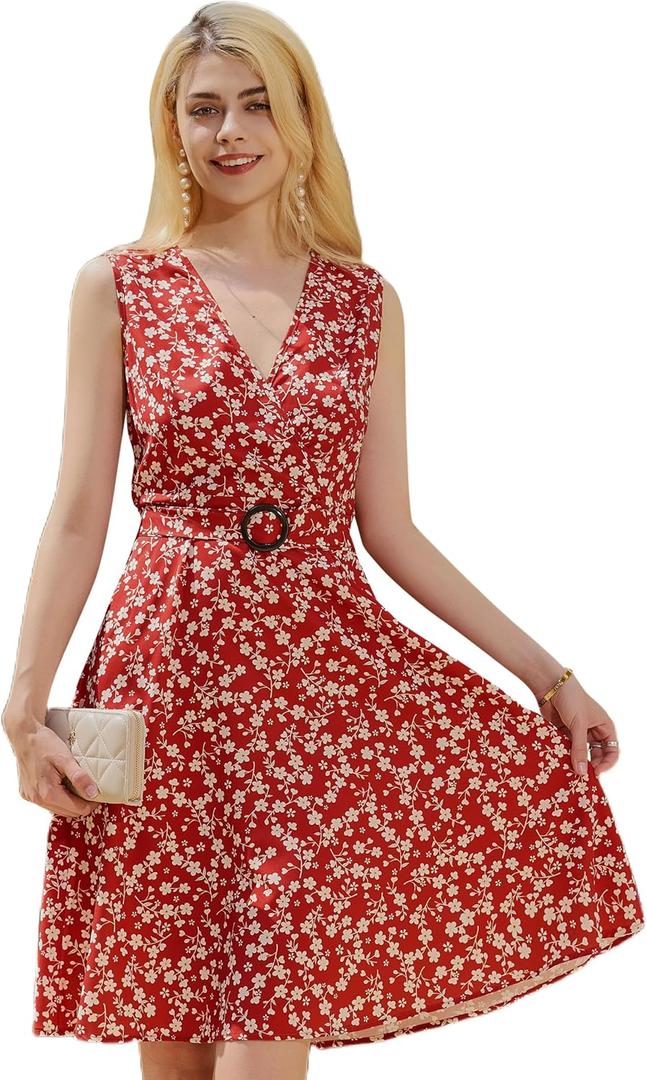 Women's Summer Floral Dress Sleeveless V-Neck Dress with Pockets - Fit and Stylish for Daily Wear (Red, L)