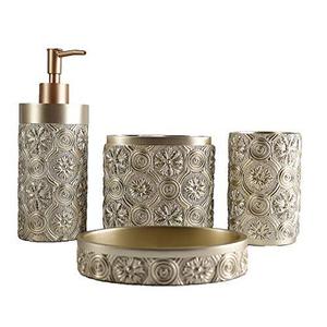 Hymmah Bathroom Accessories Set, Golden Design Toothbrush Holder,Farmhouse Bathroom Decor, 3 Pcs Resin Gift Set Apartment Necessities, Contain Toothbrush Cup, Soap Dispenser, Soap Dish, Tumbler