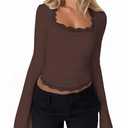 Women Lace Trim Square Neck Crop Tee Tops Long Bell Sleeve Slim Fitted T Shirts Y2K Fairy Cute Top Small