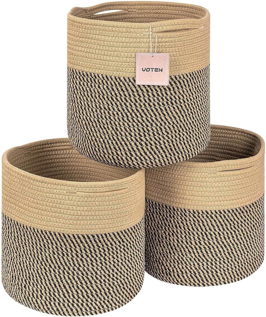Voten Storage Cubes Baskets Bins Organizer 11x11x11'' Fit 12x12''Cube Storage Organizer Bookcases Shelf,Durable Woven Cotton Storage Basket for Organizing,Round 3Pack Camel/Mixed Black (L11xW11xH10.7)