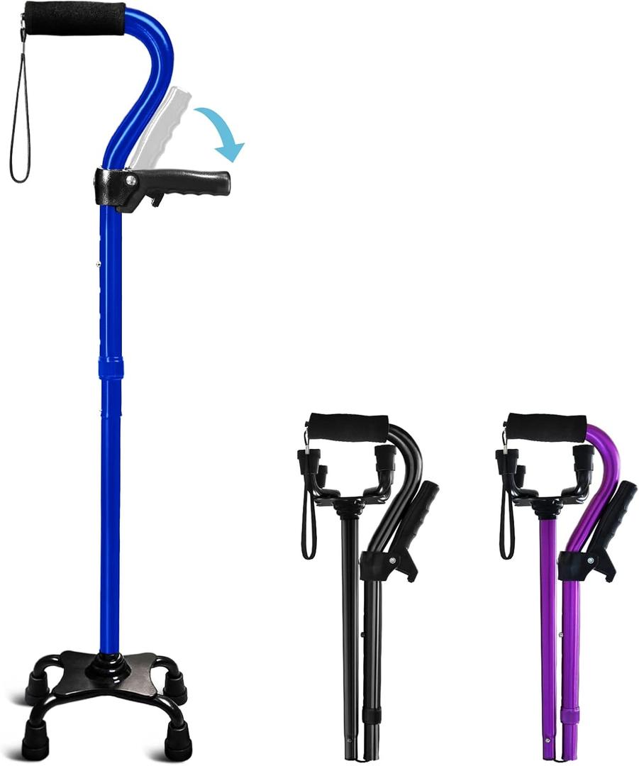 Adjustable Walking Cane for Men & Women with 4-Pronged Base for Extra Stability - Foldable Cane for Seniors with Foam Padded Offset Handle for Soft Grip & a Second Handle for Standing (Blue)