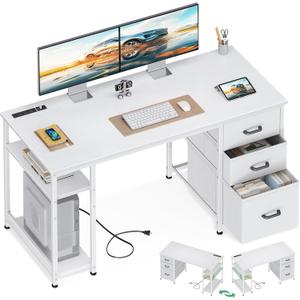 AODK 51 Inch Computer Desk with Drawers & USB Power Outlets - Reversible Home Office Desk with Storage Shelves, Work from Home, Modern Work/Writing/Study Table for Bedroom, White, 51.18 inches x 18.9 inches x 29.72 inches