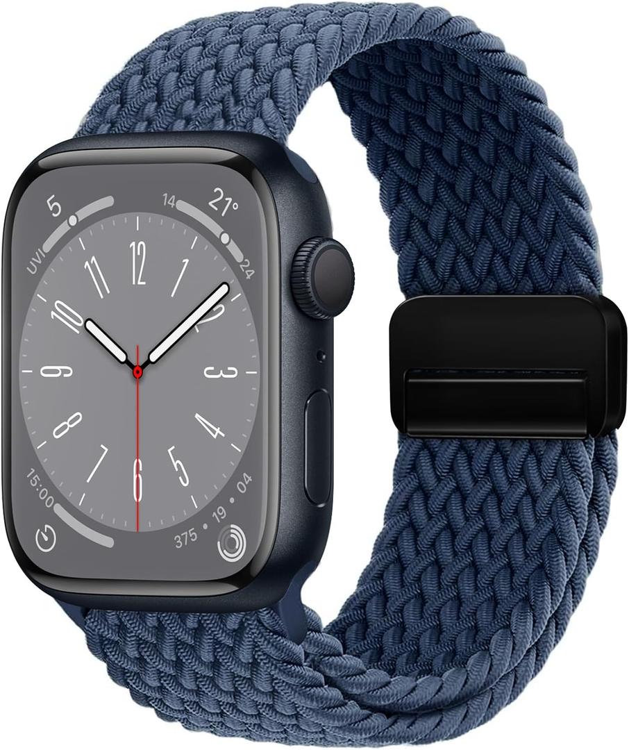 Magnetic Braided Loop Band Compatible with Apple Watch Series 11 10 42mm 9 8 7 6 5 4 40mm 41mm for Women Men, Stretchy Nylon Elastic Sport Strap for iWatch SE 1/2/3, Dark Blue