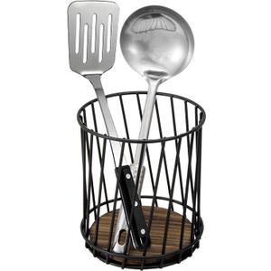 MyGift Utensil Holder  Matte Black Wire Kitchen Utensil Crock with Rustic Wood Base, Farmhouse Countertop Cooking Tool Organizer for Spoons, Spatulas, Whisks