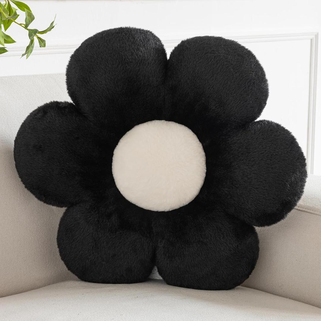 Flower Pillows, Decorative Pillows for Couch, Cute Daisy Pillow for Bed, Flower Shaped Decorative Throw Pillow Room Decor (Black, 14.9 Inches)