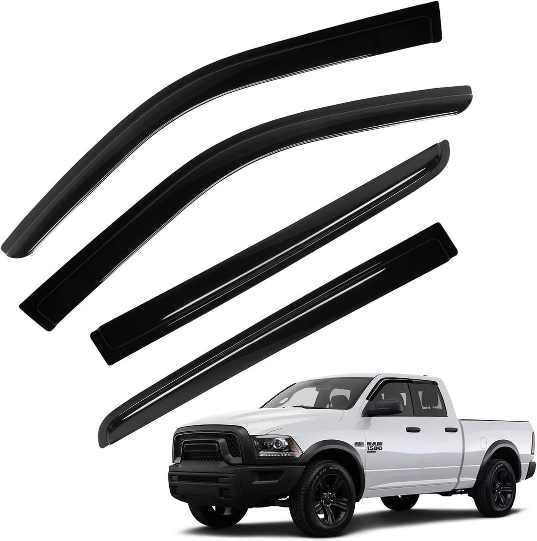 Rain Guards for Dodge Ram 1500 Crew Cab 2009-2018, 2010-2025 Ram 2500 & 3500 Crew & Mega Cab, Out-Channel Side Window Rain Guards for Ram 1500 Classic Crew Cab 2019-2024, 4PCS, Black