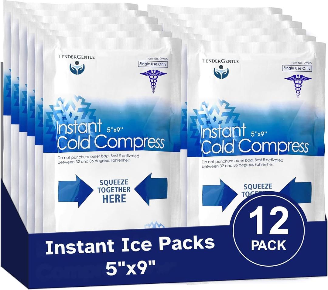 Instant Ice Packs for Injuries (5" x 9") - 12 Pack of Disposable Cold Compress Ice Packs for Sprains, Strains, Contusions, Minor Burns, Toothaches, and More