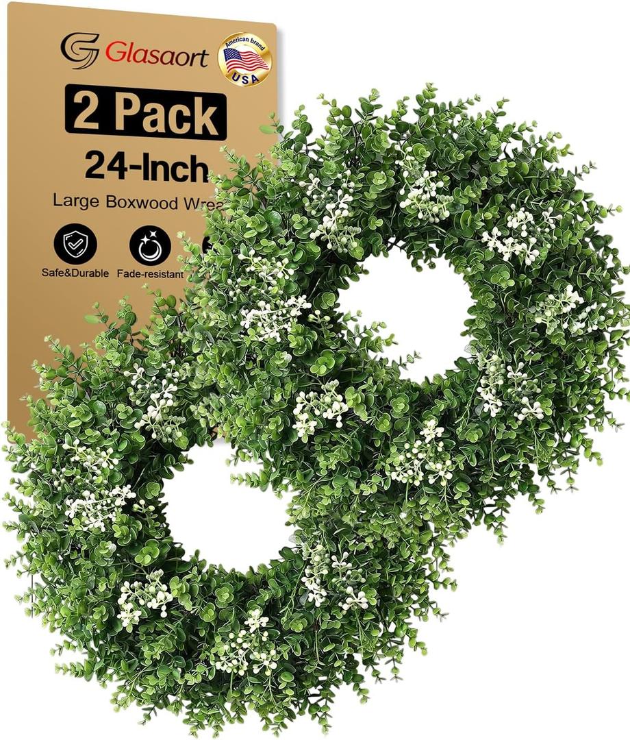 2 Pack 24'' Boxwood Wreaths for Front Door, Artificial Eucalyptus Wreath | Faux Eucalyptus Leaves with Seeds, Waterproof & No Fade, Fake Greenery Outdoor Wreath,Farmhouse,Home,All Seasons