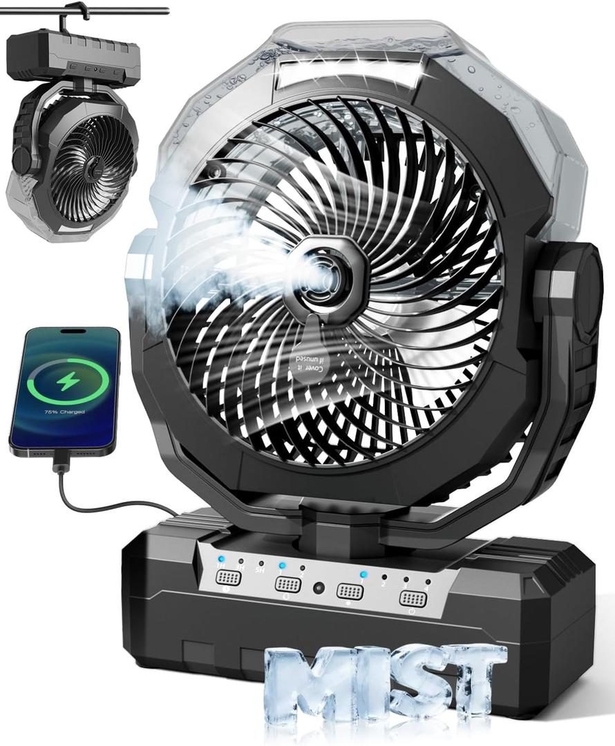 Portable Misting Fan, 36000mAh Rechargeable Battery Powered Camping Fan with 460ml Tank & 6.6ft Mist, 4 Speeds 2 Light Modes for Outdoor Patios Travel Jobsite Beach Summer Essentials - Black