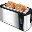 Elite Gourmet ECT-3100 Long Slot 4 Slice Toaster, Reheat, 6 Toast Settings, Defrost, Cancel Functions, Built-in Warming Rack, Extra Wide Slots for Bagels & Waffles, Stainless Steel & Black