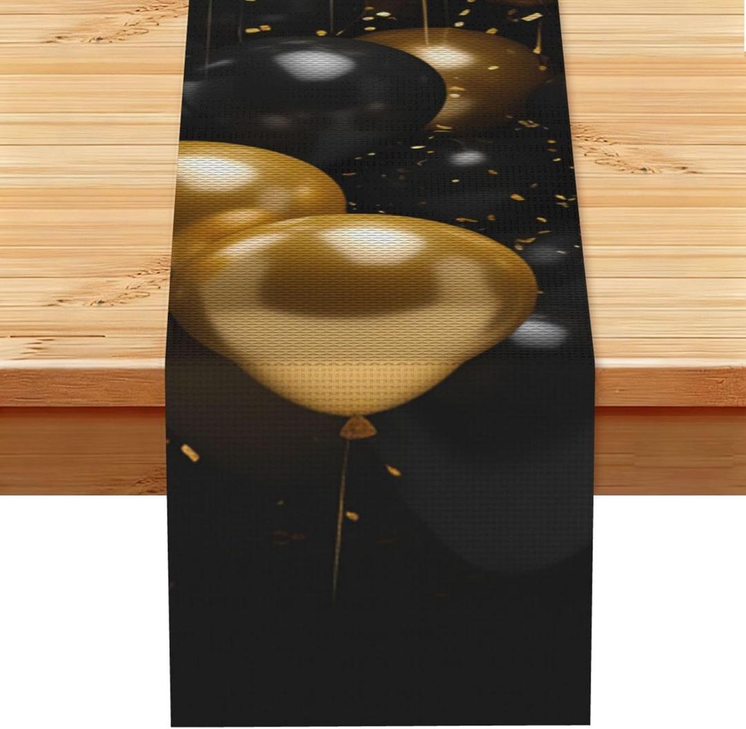 Black and Gold Ballons Table Runner 13x72Inch Linens Burlap Table Runner Spring Summer Table Decoration Boho Farmhouse Tablerunner for Kitchen Party Decor Tablecloth (One Size)