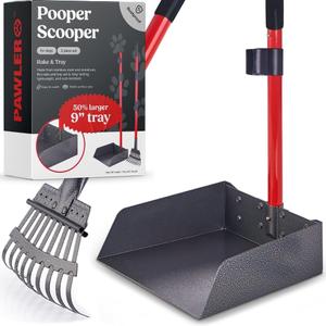 Pawler Pooper Scooper for Large Dogs, Small Dogs and Horses, Metal Poop Scooper Set with Long Handle Rake and Tray for Yard, Grass, Dirt or Gravel, Heavy Duty Aluminum Poop Picker Upper (2 Piece Set - X Large)