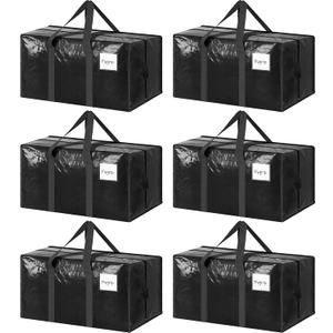 6 Pack Extra Heavy Duty Large Moving Bags with Strong Zipper & Comfortable Handles, Sturdy & Durable Clothes Storage Bags Totes Bins, Packing Moving Boxes for College Supplies, Black