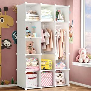 Modular Baby Wardrobe Closet, Portable Children Organizers and Storage for Nursery,15 Cubes with Hanging Rods,Multi-Functional Kids Storage Shelf-Bedroom Clothes Armoire (Boys & Girls)