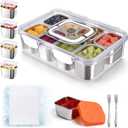 Qtencas Snackle Box Container with 8 Portable Removable Compartments, Ice Pack, Sauce Cup & Fork, Stainless Steel Divided Serving Tray with Lid and Handle for Road Trips Beach Camping