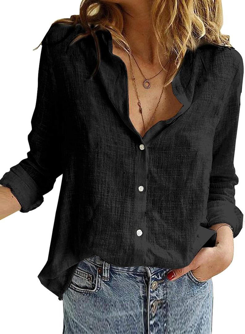 Astylish Womens V Neck Roll up Sleeve Button Down Blouses Tops (Black, M)