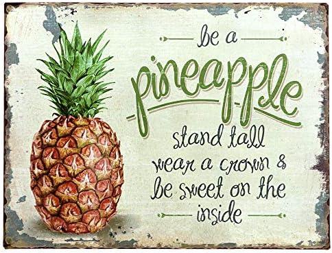 Set of 3 Pack, Barnyard Designs Retro Vintage Metal Tin Bar Sign, Decorative Wall Art Signage, Primitive Farmhouse Country Kitchen Home Décor (Pineapple)