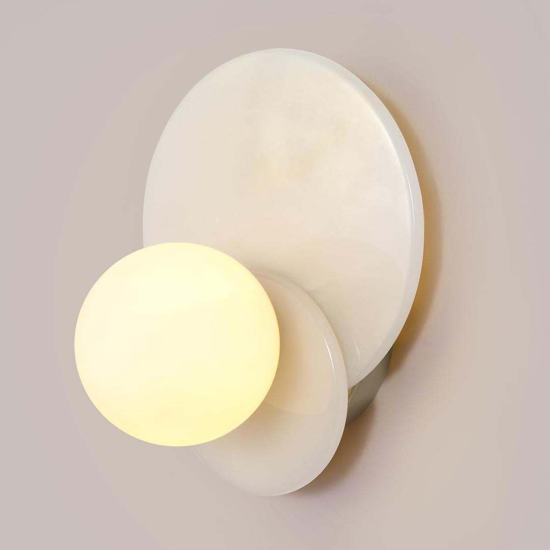 7.4" Alabaster Wall Sconce,Modern Marble Light Fixture with Glass Shade for Bathroom, Bedroom, Hallway (White, Hardwired)