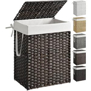 Handwoven Laundry Hamper, 23.8 Gal (90L) Synthetic Rattan Clothes Laundry Basket with Lid and Handles, Foldable, Removable Liner Bag, Brown ULCB051K02