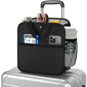 Large Luggage Travel Cup Holder, Oversized Luggage Cup Holder for Suitcase with Big Storage Compartment, Hands-Free Travel Organizer (Black)