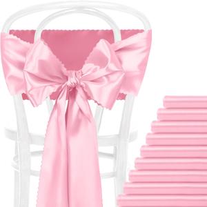 12 Pcs Pink Satin Chair Sashes Bows, 7x108 Inch Chair Bow Ties Back Silky Dining Chair Sashes Satin Chair Ribbon for Wedding, Party, Banquet, Restaurant, Hotel Event, Chair Cover Decorations