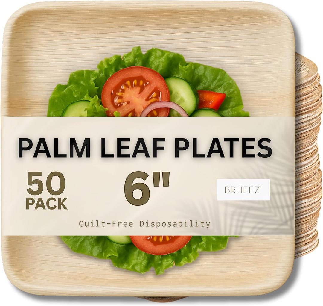 brheez Bamboo Plates from Palm Leaf 6 in Party Plates [50 Pack] Eco Friendly Compostable & Biodegradable – Disposable Plates Heavy Duty and More Environmentally Friendly than Paper Plates
