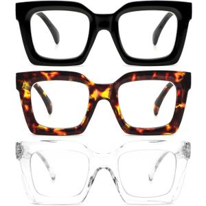 REAVEE 3 Pack Oprah Style Oversized Reading Glasses for Women Men, Blue Light Blocking Computer Thick Frame stylish Square Readers with Spring Hinge((Black/ Tortoise/ Clear, 1.75)