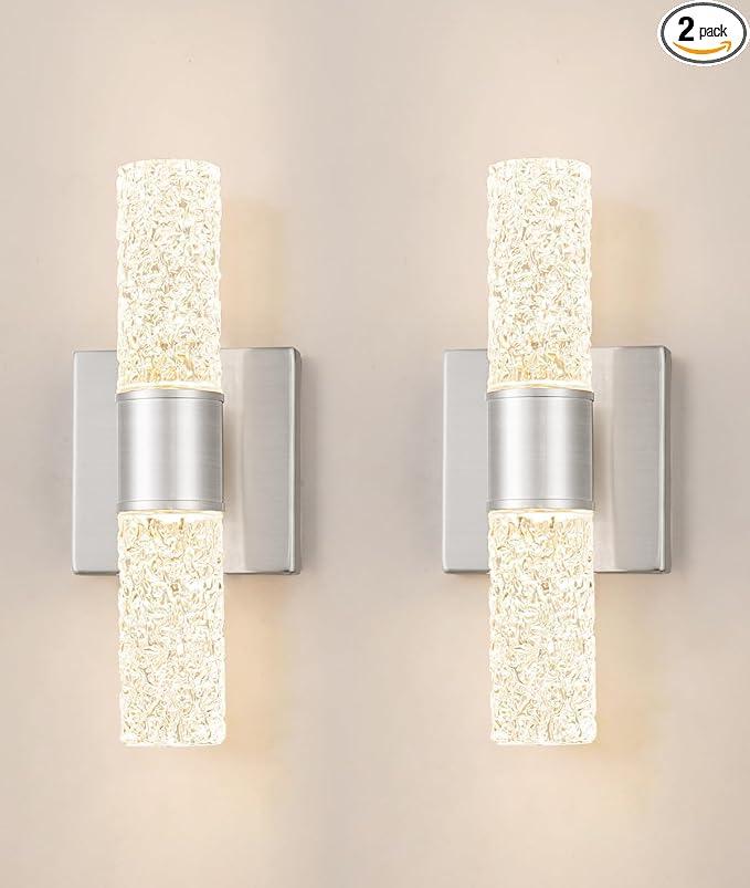 Brushed Nickel Wall Sconces Set of 2, LED Bathroom Vanity Light Fixtures, Hardwired Crystal Sconces Wall Lighting Over Mirror, LED Wall Mount Lights for Bedroom Hallway Indoor, 10W