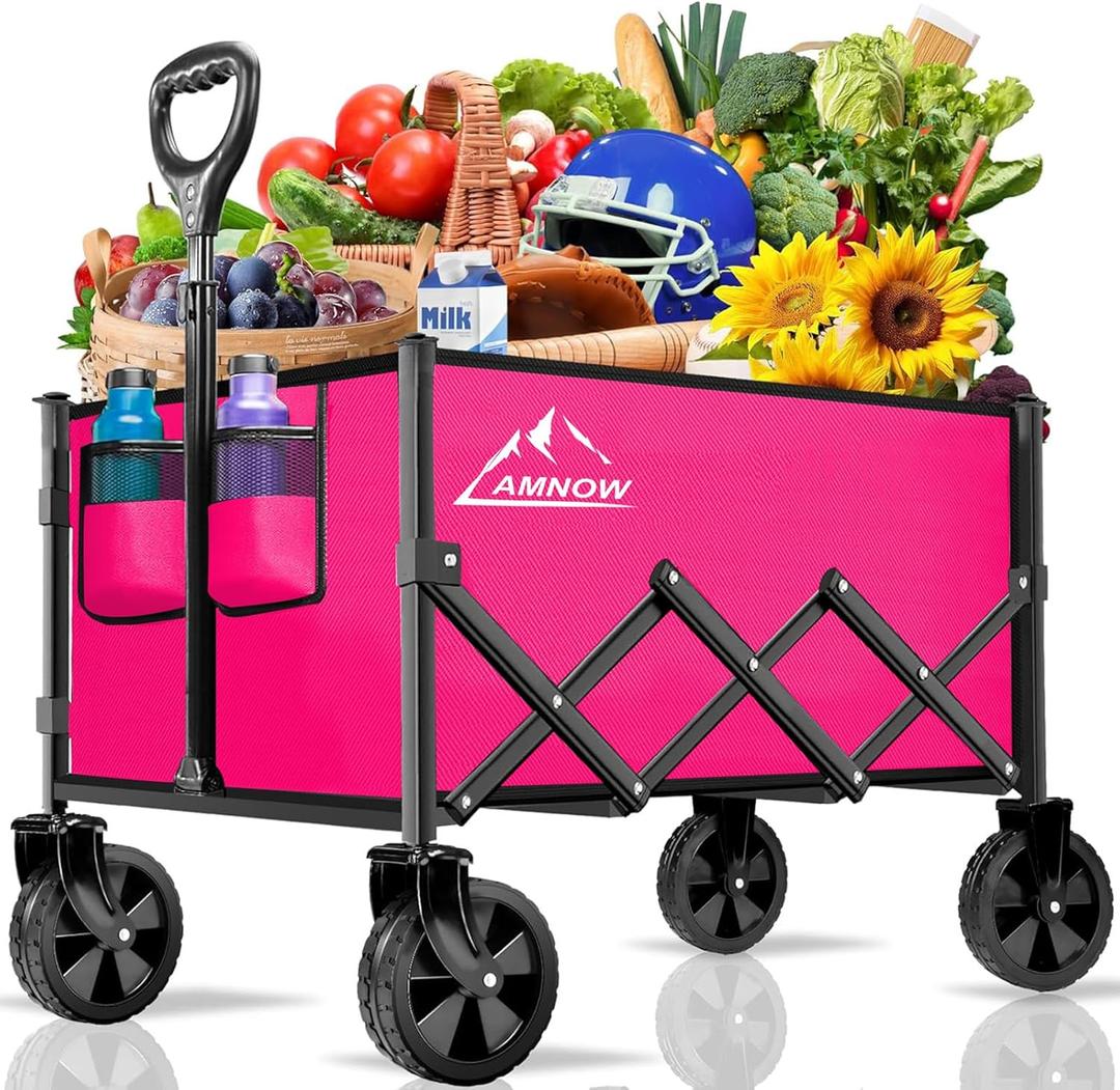 AMNOW Collapsible Folding Wagon Cart, 350LBS Utility Large Capacity Cart Foldable Wagon with All Terrain Wheels, Grocery Wagons Carts for Garden Shopping Sports Camping, Rose
