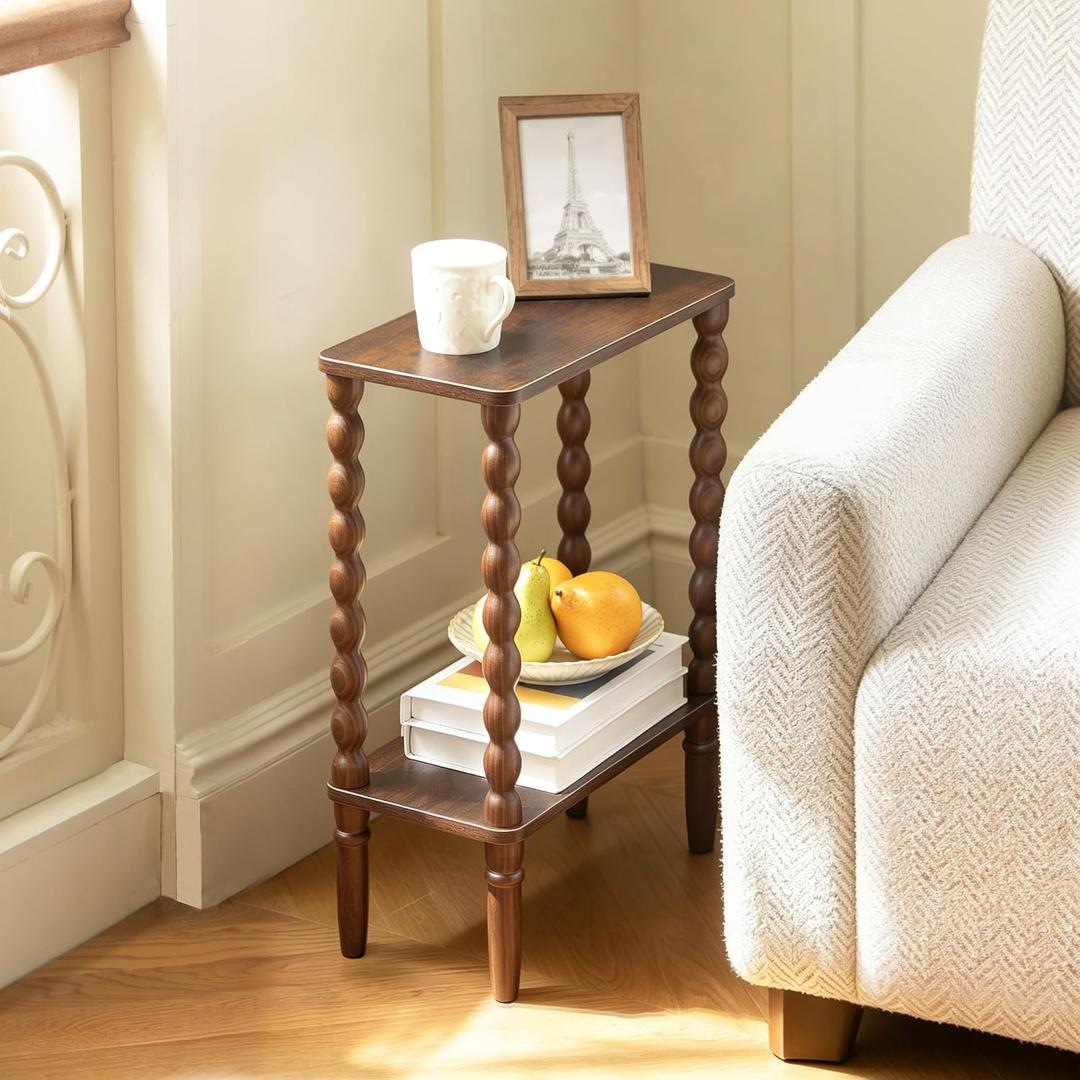 Fultyle Small Narrow End Table, Narrow Side Table with Storage, Nightstand 2-Tier Wood Accent Table Slim Bedside Table for Small Spaces, Office, Bedroom, Solid Wood Legs (Rustic Brown) size 11.5*16