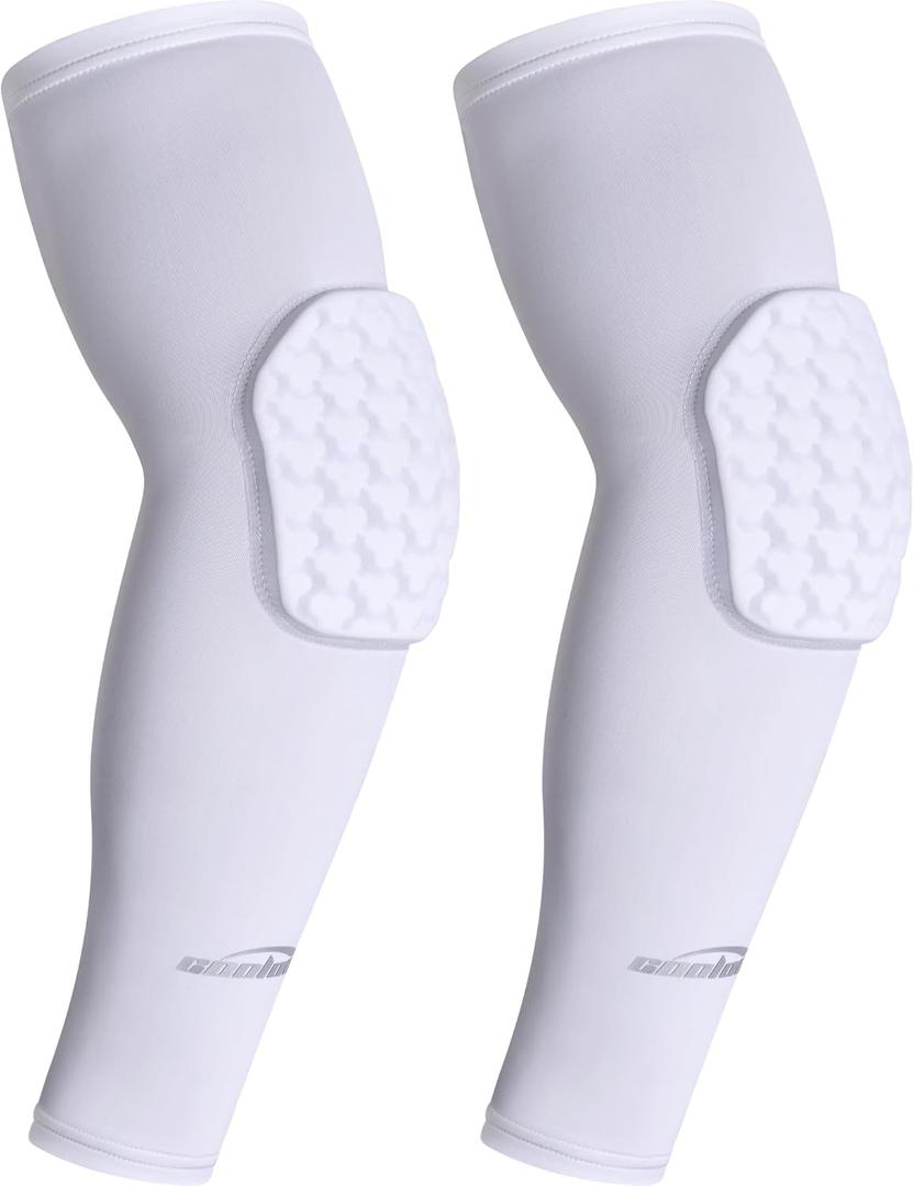 COOLOMG Padded Arm Sleeves Compression Elbow Pads for Volleyball Basketball Football Youth Kids Adult (Small, New White)