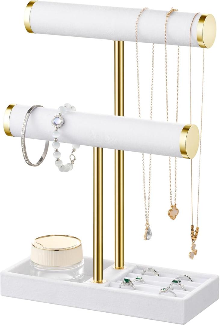 2 Tier Bracelet Holder Display - Detachable T Bar White Velvet Bracelet Holder, Jewelry Holder Organizer for Bracelet, Necklace, Earrings, Rings