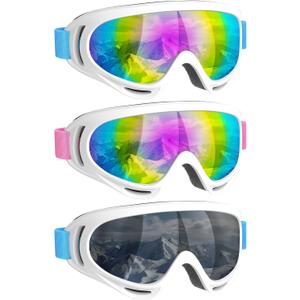 COOLOO 3 Pack Kids Ski Goggles, Anti-fog Snowboard Goggles with UV400 Protection, Snow Goggles for Boys Girls Youth Men Women (01.white/Blue+white/Pink+white/Blue)