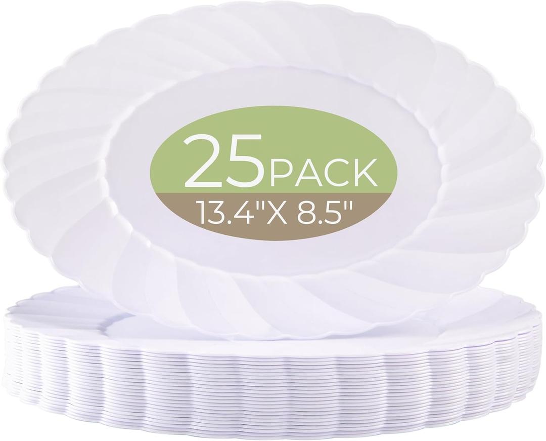 U-QE 25 Count Oval White Plastic Plates - 13.4 inch Large Disposable Plates Heavy Duty, Ideal for Party, BBQ, Picnic and Weddings