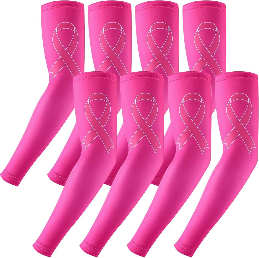 Gejoy 4 Pair Breast Cancer Awareness Sleeves Pink Ribbon Compression Arm Sleeves Gifts for Women Arm Cover (X-Small)