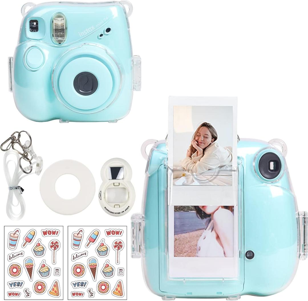 CAIYOULE Clear Case for Fujifilm Instax Mini 7+ Camera Protective Case with Back Photo Storage Pocket, Selfie Mirror, Stickers and Adjustable Shoulder StrapNo Camera