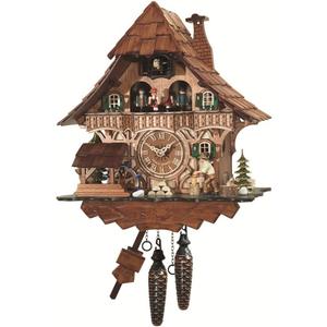 Engstler Quartz Cuckoo Clock Black Forest House with Moving Wood Chopper and Mill Wheel, with Music EN 496 QMT
