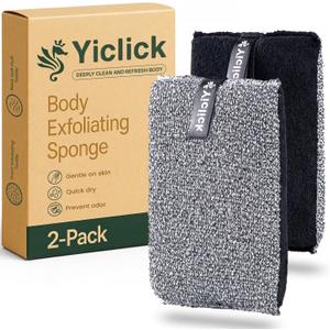 Yiclick Exfoliating Body Scrubber (2 Pack), Body Exfoliator Scrubber, Exfoliating Sponge for Shower Bath, Shower Loofah Luffa Lufa with Handle for Men Women, Dead Skin Exfoliator for Body Scrub (Black)