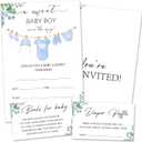 Set of 25 Baby Shower Invitations for Girl & Boy, Blue Clothes Theme Gender Reveal Party Invites With Envelopes, Including Book Request Cards & Diaper Raffle Tickets Party Supplies-10