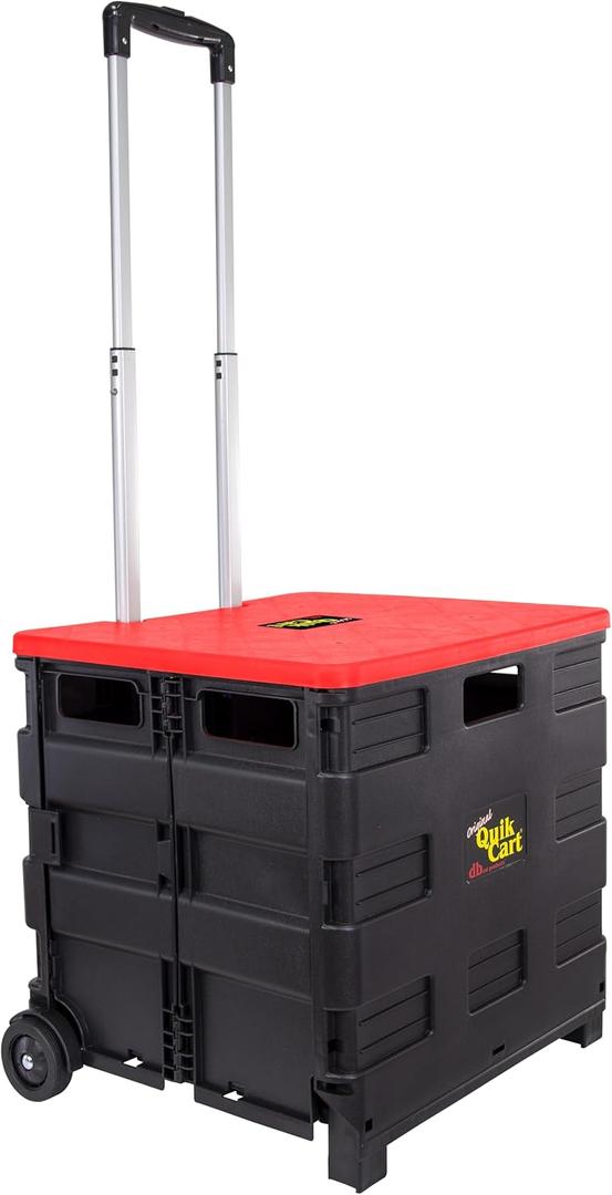 dbest Products Quik Cart Standard Collapsible Rolling Crate - Red Lid with Wheels, Roll Up to 80 lbs Capacity, Heavy Duty Plastic Construction, Telescoping Handle, Foldable Utility Car, Standard Red
