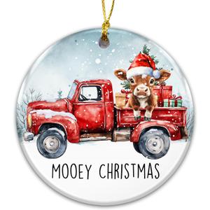 Cow Ornament 2025, Mooey Christmas  Cute Cow in Red Vintage Truck Christmas Tree  Farmhouse Country Holiday Dcor  Ceramic Farm Animal Ornament for Cow Lovers, Farmers, Kids, 2025
