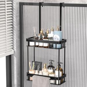 2-Tier Over Door Shower Caddy, Black Stainless Steel Bathroom Organizer with Towel Bar, 11.6x5.1x25.9 Inch