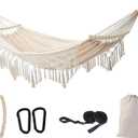 Hammock Hanging Swing Double Max 500lbs Macrame for Indoor Outdoor Patio Yard Garden (Beige) (Beige Without Stand)