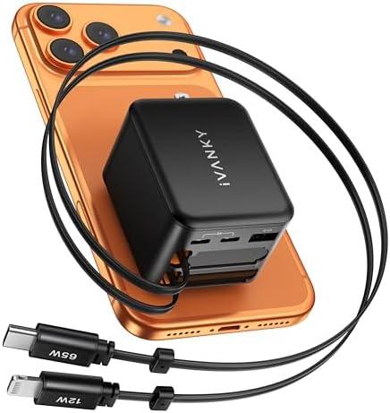 iVANKY 65W Retractable Wall Charger for MacBook, 5-in-1 USB C+Lightning GaN Charger Block with Cables, 33.5 inches, PD PPS Fast Charging, 5-Port Power Adapter for iPhone 17/16/15 Pro Max, MacBook Neo