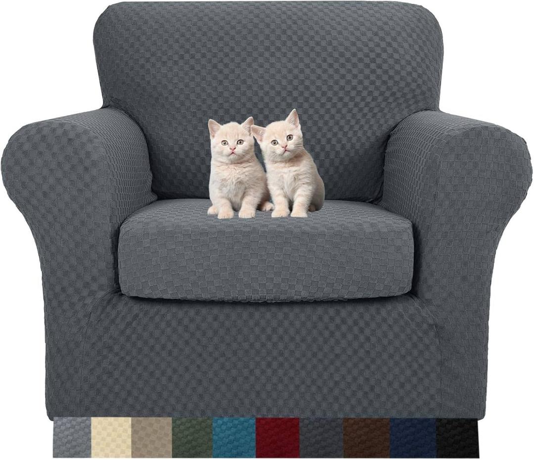 MAXIJIN 2 Piece Jacquard Chair Covers with Arms Super Stretch Non Slip Chair Slipcover for Living Room Dogs Pet Friendly Elastic Sofa Couch Protector Armchair Cover (Chair, Dark Gray) (Small (1 Cushion))