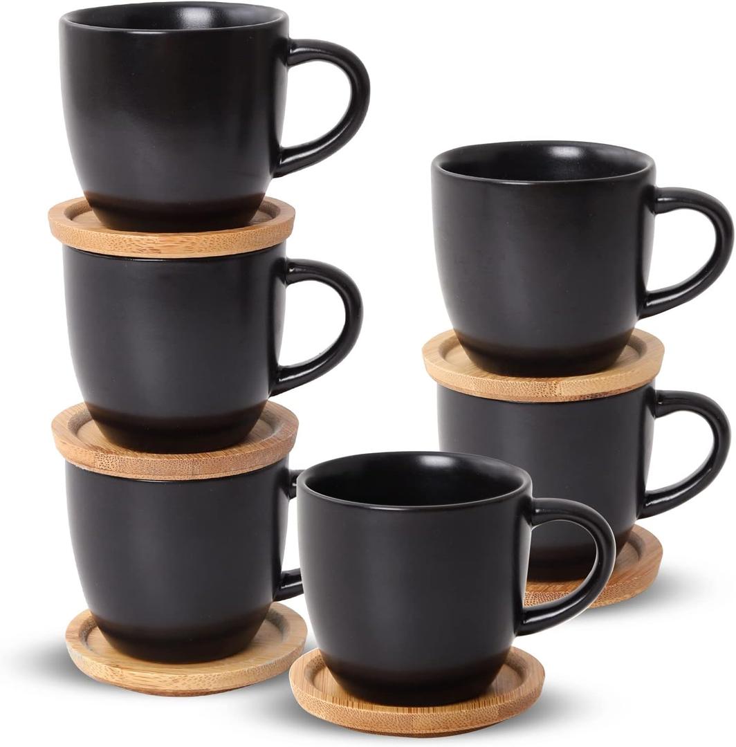 Hasense 4 OZ Espresso Cups and Saucers Set of 6, Demitasse Cups with Handle for Latte, Cappuccino, Cafe Mocha and Tea, Porcelain Coffee Cups for Coffee Bar and Party, Black (4 oz, Black)