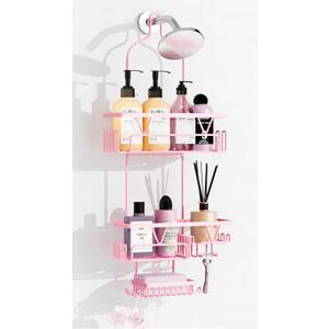 DAOYA Hanging Shower Caddy Over Shower Head, Anti-Swing Shower Organizer For Inside Shower With 2 Soap Holders, Multi Hooks, Rustproof Bathroom Accessories, Pink (XL)